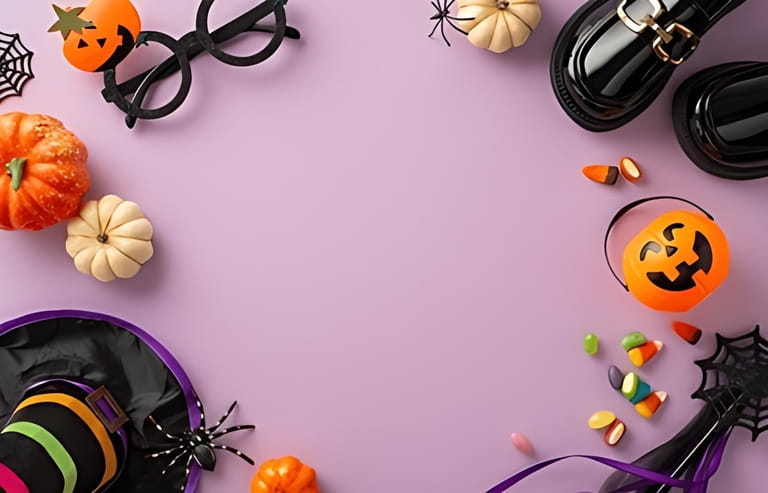 Mysterious Halloween witch costume for little one. Overhead photo of little boots, hat, enchanted wand, festive goggles, candy corn, pumpkins, ghostly spiders, web, pastel lilac setting with text area Mysterious Halloween witch costume for little one. Overhead photo of little boots, hat, enchanted wand, festive goggles, candy corn, pumpkins, ghostly spiders, web, pastel lilac setting with text area