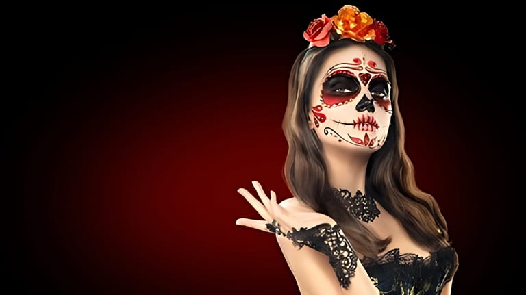 Sugar skull makeup. Halloween party, traditional Mexican carnival, Santa Muerte. Beautiful young woman costume
