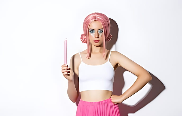 Image of sassy beautiful girl with pink wig and bright makeup, holding cute candle, celebrating halloween, standing over white background