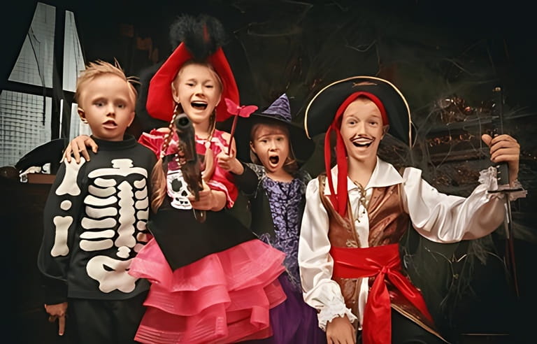 Halloween party. Cheerful emotional children in carnival costumes celebrate Halloween in a haunted castle.