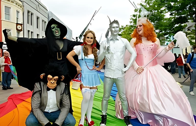CORK, IRELAND - AUGUST 4 - Unidentified people participating in the annual Cork Gay Pride LGBT Festival Parade 2013 dressed up as characters from the Wizard of OZ, August 4, 2013, Cork, Ireland.