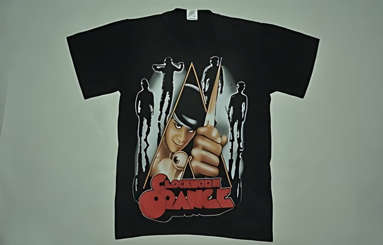 Fes, Morocco - September 28, 2022: Vintage Clockwork Orange T-shirt photographed on a white background Fes, Morocco - September 28, 2022: Vintage Clockwork Orange T-shirt photographed on a white background