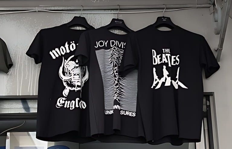 ATHENS, GREECE - AUGUST 4, 2016: Rock music t-shirts printed with band logos for sale. The Beatles, Joy Division and Motorhead designs.