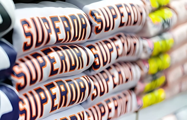 ALANYA / TURKEY - JUNE 1, 2019: Clothes from Superdry lies in a clothing store in Alanya, Turkey.