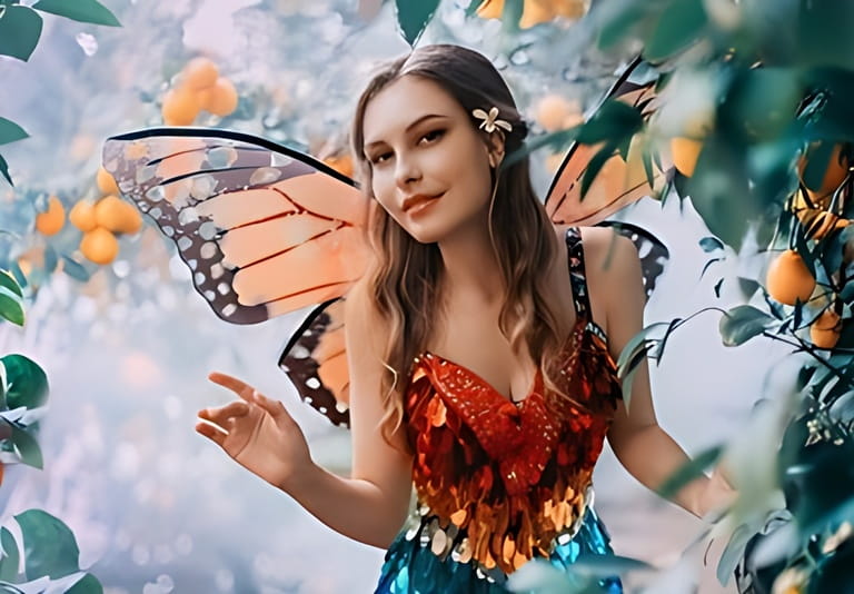 fantasy happy woman fairy walks in jungle. Happy girl in carnival costume bright orange monarch butterfly wings. Red shiny dress. Background Garden lemons fruits green tree mystical fog. Smiling face.