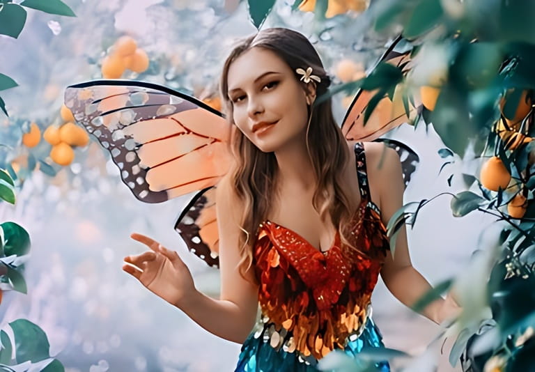fantasy happy woman fairy walks in jungle. Happy girl in carnival costume bright orange monarch butterfly wings. Red shiny dress. Background Garden lemons fruits green tree mystical fog. Smiling face. fantasy happy woman fairy walks in jungle. Happy girl in carnival costume bright orange monarch butterfly wings. Red shiny dress. Background Garden lemons fruits green tree mystical fog. Smiling face.
