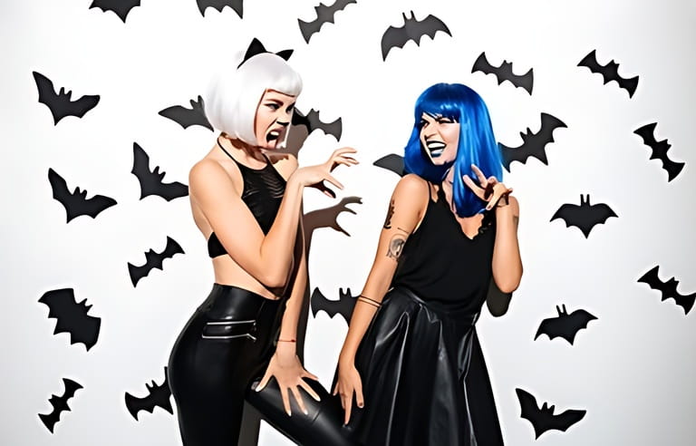Image of two young women in halloween costumes on party over white background. Looking aside.