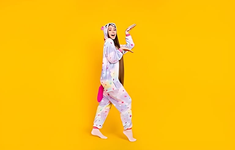 Full length body size profile side view of attractive cheerful girl kingurumi having fun isolated over bright yellow color background Full length body size profile side view of attractive cheerful girl kingurumi having fun isolated over bright yellow color background