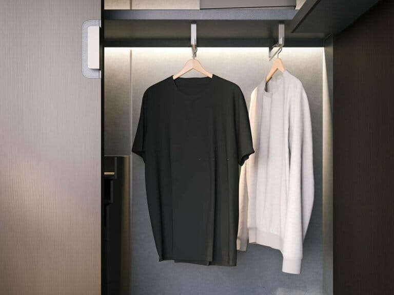 The wardrobe opens with empty t-shirts. 3d rendering The wardrobe opens with empty t-shirts. 3d rendering