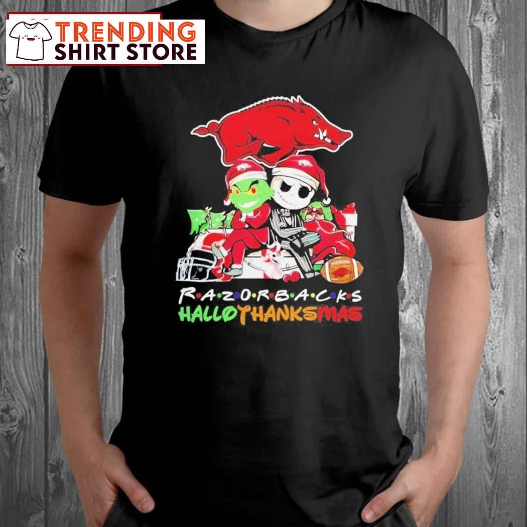 Arkansas Razorbacks T-Shirt Grinch Jack Skellington Hallothanksmas