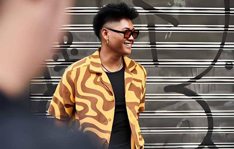 Smiling filipino male in trendy shirt and sunglasses standing at grunge metal wall and looking away with smile Smiling filipino male in trendy shirt and sunglasses standing at grunge metal wall and looking away with smile