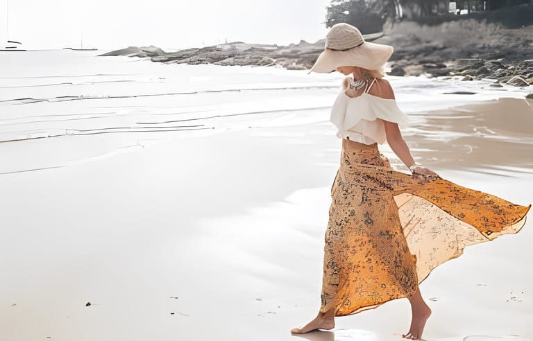 Girl wearing floral maxi skirt walking barefoot on the sea shore, Thailand, Phuket. Bohemian clothing style. Girl wearing floral maxi skirt walking barefoot on the sea shore, Thailand, Phuket. Bohemian clothing style.