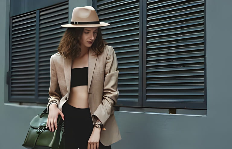Outdoor street style fashion portrait of elegant woman wearing beige hat, blazer, black crop top, high-waisted trousers, holding green leather handbag, posing in street of the city. Outdoor street style fashion portrait of elegant woman wearing beige hat, blazer, black crop top, high-waisted trousers, holding green leather handbag, posing in street of the city.