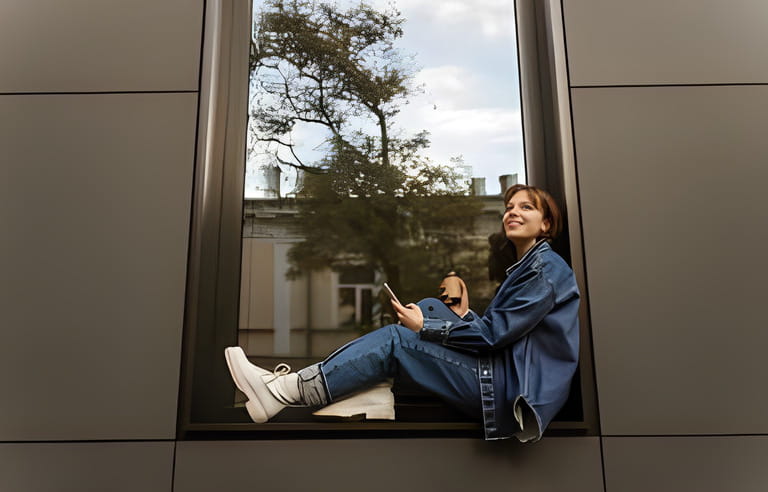 Cheerful pretty young caucasian student sits on windowsill in city, holds phone and coffee. Beauty is dressed denim jacket, jeans and white shoes. Fashion, technology and people concept Cheerful pretty young caucasian student sits on windowsill in city, holds phone and coffee. Beauty is dressed denim jacket, jeans and white shoes. Fashion, technology and people concept