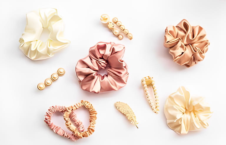 Collection of trendy silk elastic band scrunchies and pearl hair clips on white background. Diy accessories and hairstyles concept, luxury color Collection of trendy silk elastic band scrunchies and pearl hair clips on white background. Diy accessories and hairstyles concept, luxury color