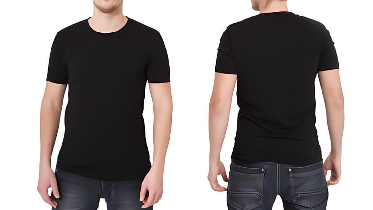 T-shirt model. Look front and back. Mock up isolated on white background. Black shirt T-shirt model. Look front and back. Mock up isolated on white background. Black shirt