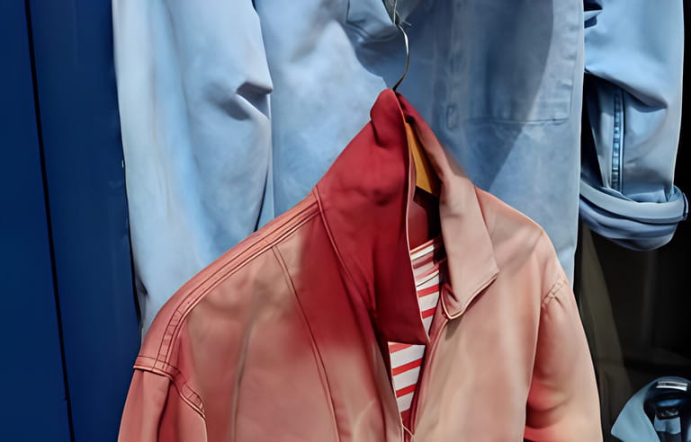 Faded red Breton jacket with collar turned up, hanging from faded blue jacket Faded red Breton jacket with collar turned up, hanging from faded blue jacket