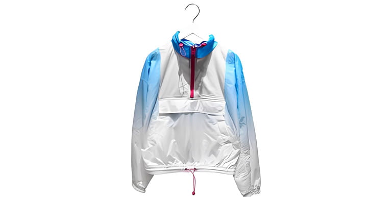 Ombr&eacute; pouch pocket. Hooded anorak in technical fabric with contrast-coloured pieces. Sport windbreaker. Fitness sport concept. Composition of clothes. Sale banner. Fashion down jacket.