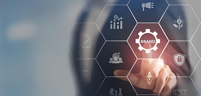 Build a strong brand, Brand concept. Distinctive identity represents a company&rsquo;s values and ideas through well designed logos, catchy slogans, unique products, or excellent services.Branding banner.