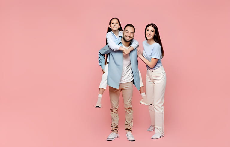 Full body young parents mom dad with child kid daughter teen girl in blue clothes giving piggyback ride to kid, sit on back isolated on plain pastel light pink background Family day childhood 