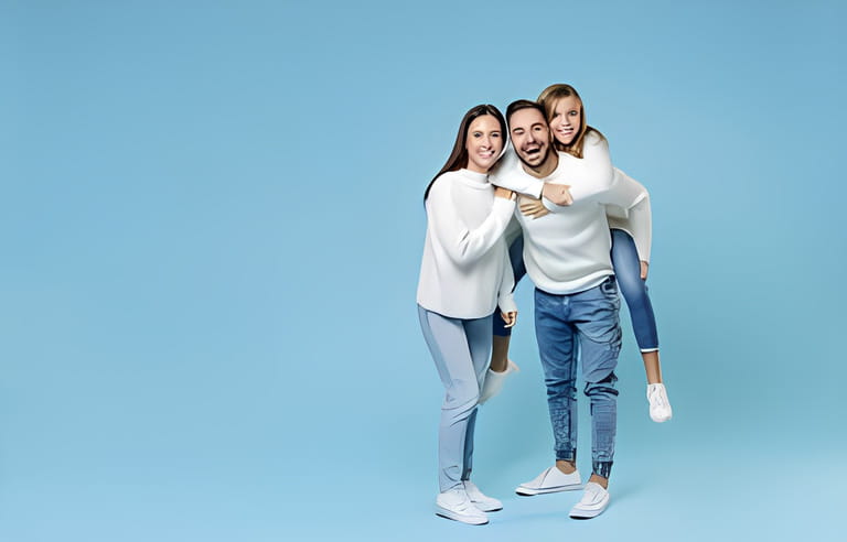 Full length of funny young parents mom dad with child kid daughter teen girl in sweaters giving piggyback ride to joyful, sitting on back isolated on blue background. Family day parenthood Full length of funny young parents mom dad with child kid daughter teen girl in sweaters giving piggyback ride to joyful, sitting on back isolated on blue background. Family day parenthood