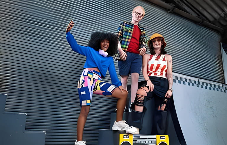 Portrait happy, cool young friends in retro clothing listening to music with ghetto blaster at corrugated metal wall in urban alley Portrait happy, cool young friends in retro clothing listening to music with ghetto blaster at corrugated metal wall in urban alley
