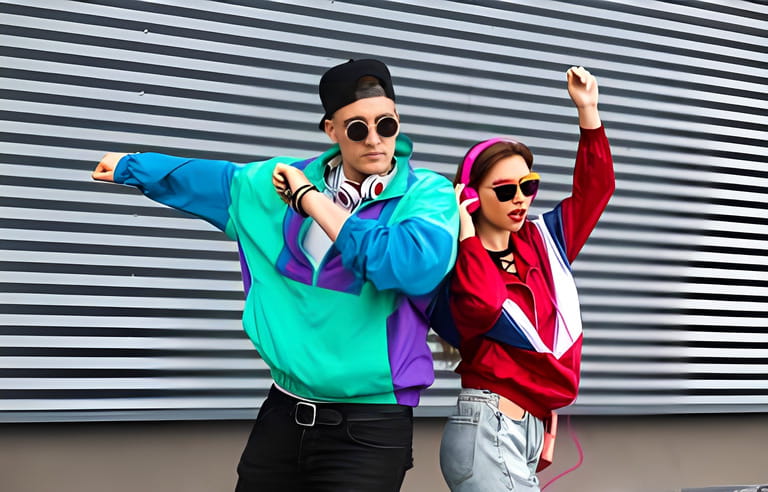 Back in time 90s 80s. Stylish young man in a retro jacket and a girl in red and with a vintage cassette player, against a steel wall, fashion trends, a street image Back in time 90s 80s. Stylish young man in a retro jacket and a girl in red and with a vintage cassette player, against a steel wall, fashion trends, a street image