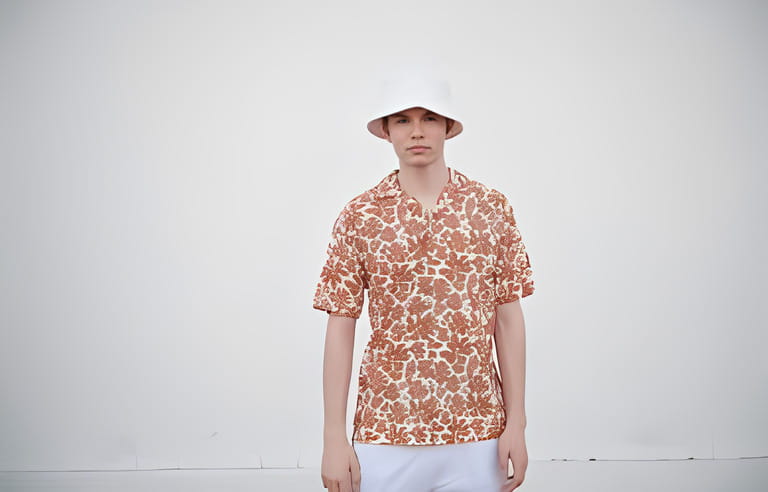 People, life moments, emotions. Portrait of a modern young man in a summer shirt and white panama against a white wall. Street shot. Summer fashion.