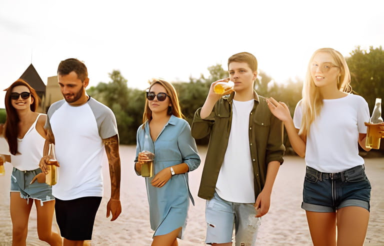 The young friends holding bottles with beer at the beach party. Group of friends having fun, relaxing, toasting with beerus. People, lifestyle, travel, nature and vacations concept.