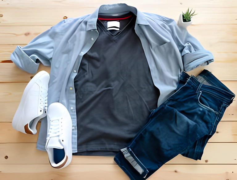 Mockup of blank gray t shirt and jean, white sneakers and denim pants on wooden background. Shirt design for man close up.