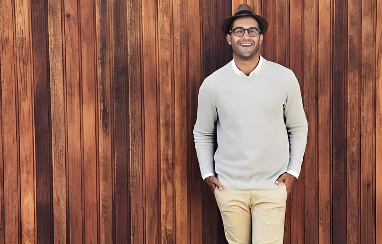 Laughing guy in glasses and hat, portrait Laughing guy in glasses and hat, portrait