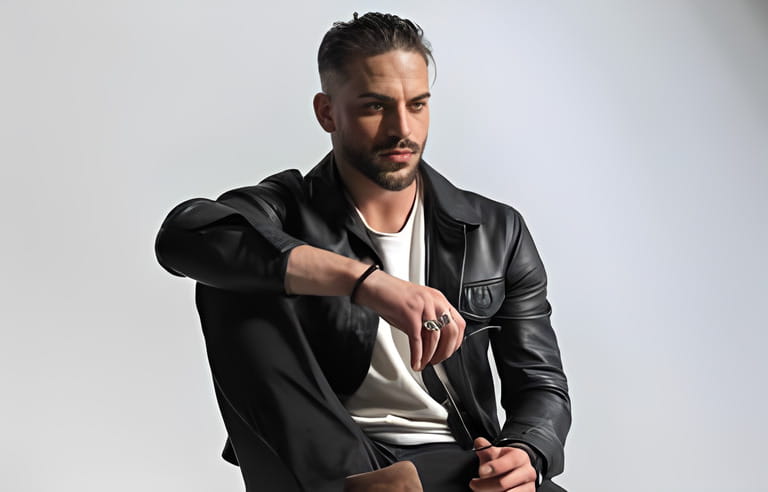 attractive fashion man wearing black leather jacket and posing with elbow on knee while holding sunglasses and looking to side in front of grey background in studio