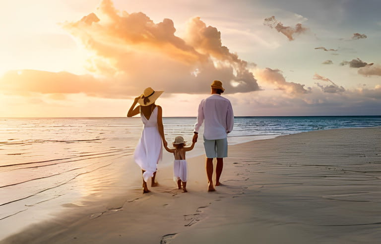 A elegant family in white summer clothing walks hand in hand down a tropical paradise beach during sunset tme and enjoys their vacation time A elegant family in white summer clothing walks hand in hand down a tropical paradise beach during sunset tme and enjoys their vacation time