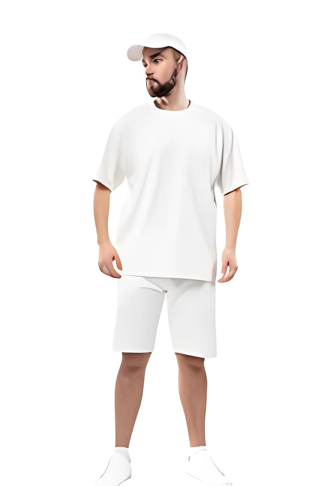 Handsome man wearing blank white cap, t-shirt and shorts isolated on white background Handsome man wearing blank white cap, t-shirt and shorts isolated on white background