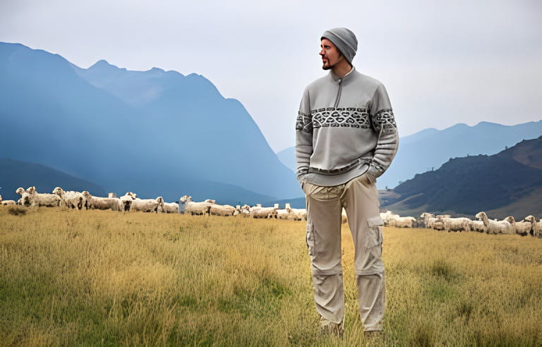 Man with merino wool sweater and hat in front of merino sheep