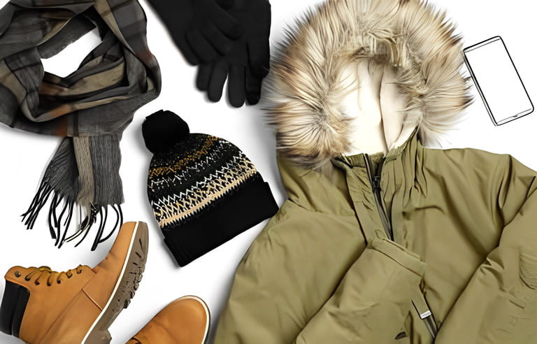 Set of stylish winter clothes on white background, top view Set of stylish winter clothes on white background, top view