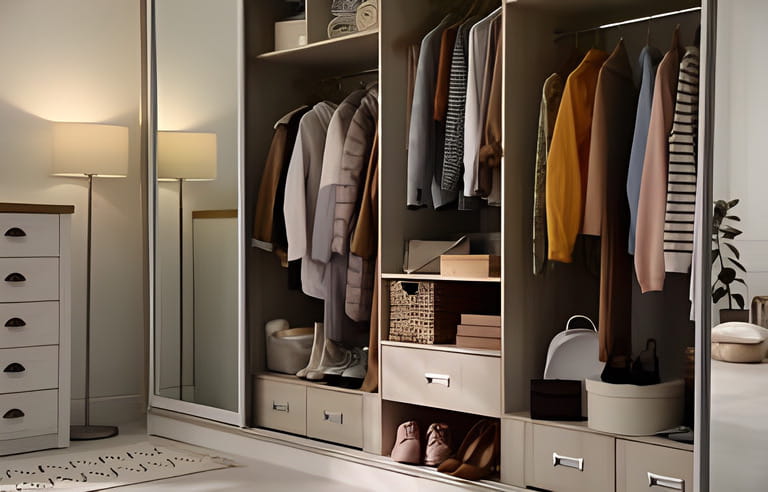 Wardrobe closet with different stylish clothes, shoes and home stuff in room