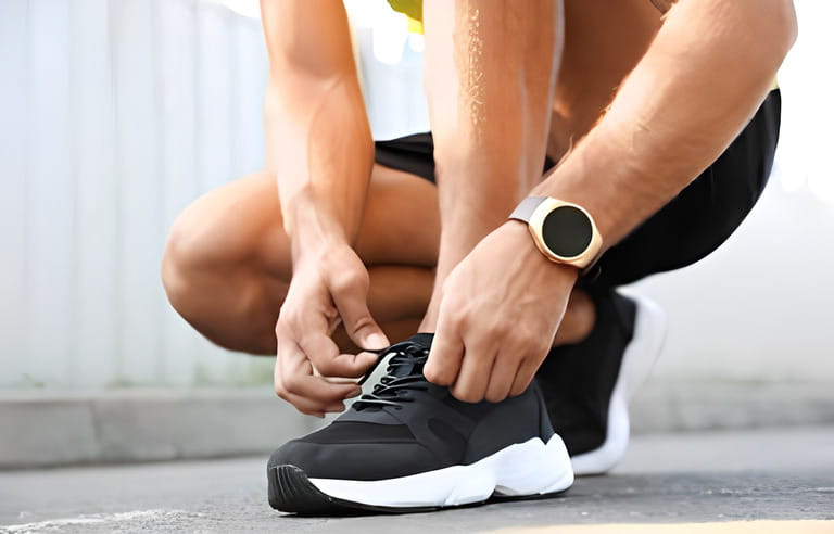 Man with fitness tracker tying shoelaces outdoors, closeup
