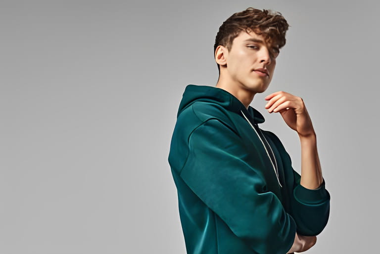 Handsome man in green hoodie isolated on gray background