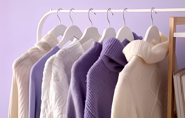 Rack with knitted sweaters near lilac wall, closeup Rack with knitted sweaters near lilac wall, closeup