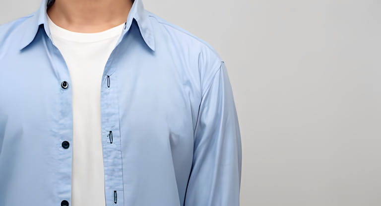 Close up man blue shirt studio shot at chest Close up man blue shirt studio shot at chest