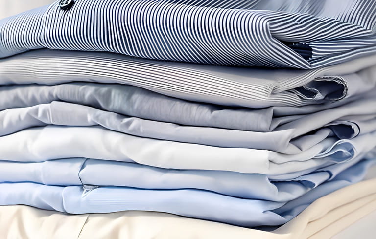 Neatly folded men's shirts of pastel tones. Close-up with soft focus
