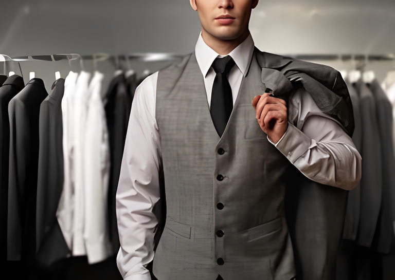 Businessman in vintage vest against matching row in store Businessman in vintage vest against matching row in store