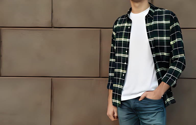 Men in white t-shirt and checkered shirt against building Men in white t-shirt and checkered shirt against building