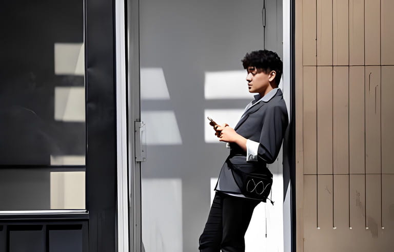 Stylish young man using smart phone in sunny doorway Stylish young man using smart phone in sunny doorway
