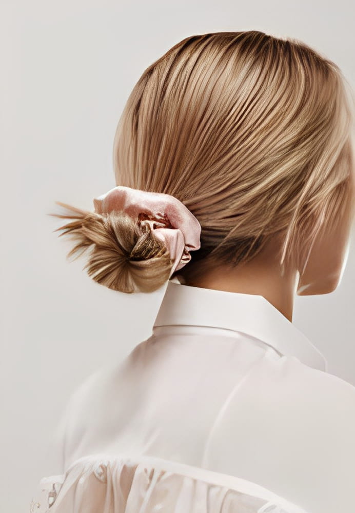 Photo from back of young blonde with white blouse and pastel pink scrunchie, trendy hairstyle, posing isolated over light background Photo from back of young blonde with white blouse and pastel pink scrunchie, trendy hairstyle, posing isolated over light background