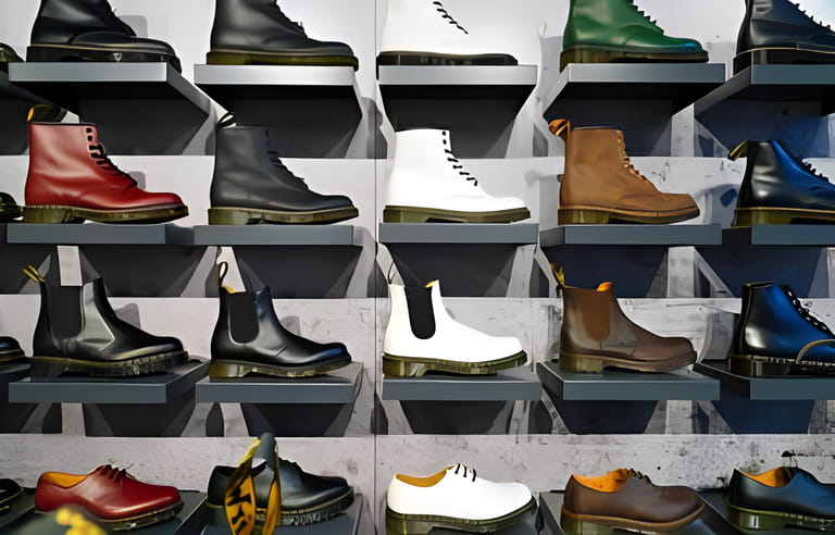 NEW YORK, NY -14 MAR 2021- Shoes inside a Dr. Martens shoe store in New York City. Founded in 1947, Doc Martens is a British footwear company known for its boots with a bouncing sole. NEW YORK, NY -14 MAR 2021- Shoes inside a Dr. Martens shoe store in New York City. Founded in 1947, Doc Martens is a British footwear company known for its boots with a bouncing sole.