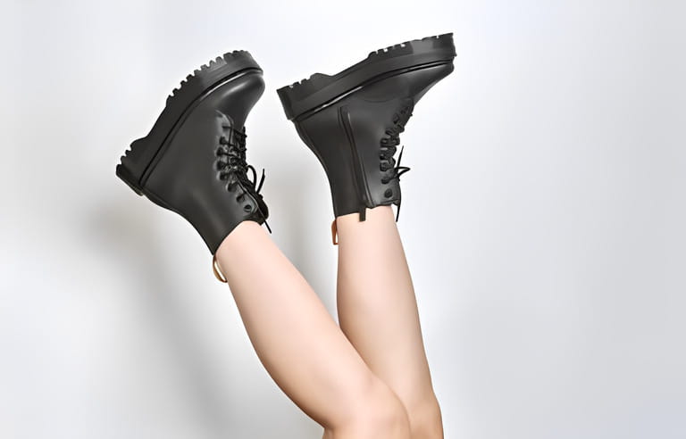 Woman legs in black combat boots on high heel platform with lug soles upside down side view on isolated white background. Female legs wear military fashionable high heel platform combat boots Woman legs in black combat boots on high heel platform with lug soles upside down side view on isolated white background. Female legs wear military fashionable high heel platform combat boots