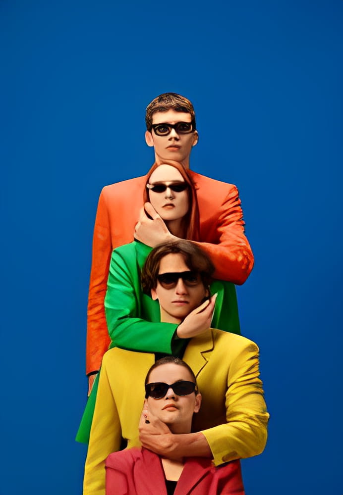 Support, trust. Young team wearing jackets holding each other which symbolizing teamwork and cooperation over blue background. Concept of fashion, models, style, creativity, fun, business, team work Support, trust. Young team wearing jackets holding each other which symbolizing teamwork and cooperation over blue background. Concept of fashion, models, style, creativity, fun, business, team work