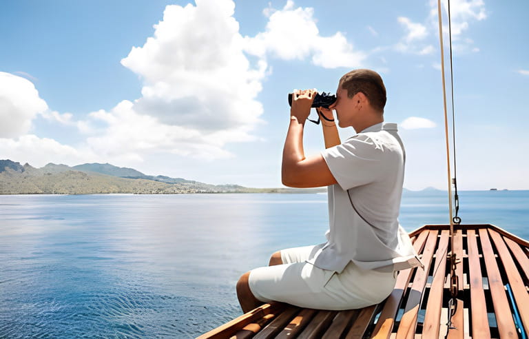 Man wearing in light linen clothes holding binoculars in hands. He looking away and sitting on marine wooden stern. Young man exploring the ocean. Background of sea and blue water. Man wearing in light linen clothes holding binoculars in hands. He looking away and sitting on marine wooden stern. Young man exploring the ocean. Background of sea and blue water.